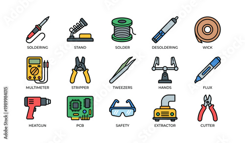 Soldering tools and accessories arranged in grid on white background