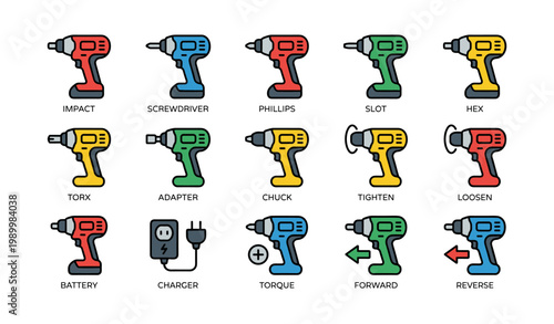Cordless drivers and accessories arranged in grid on white background