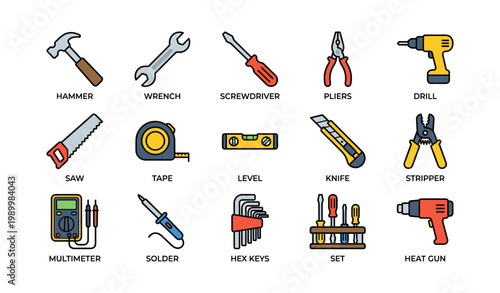 Hand tools icons arranged in a grid on white background