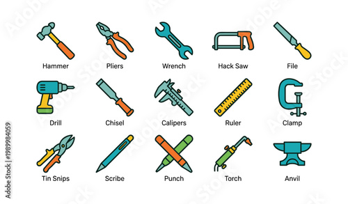 Hand tool icons arranged in labeled grid on white background