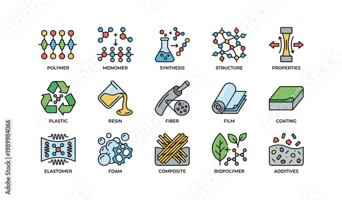 Polymer icons showing synthesis structure and properties on white