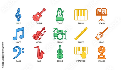 Musical instrument and notation icons arranged on white grid