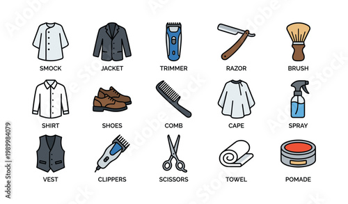 Barbershop and grooming icons arranged in grid on white background