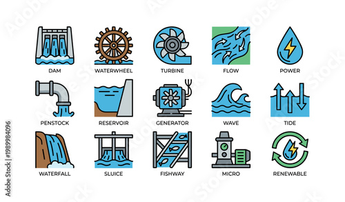 Hydropower and water energy icons illustrating turbines and dams
