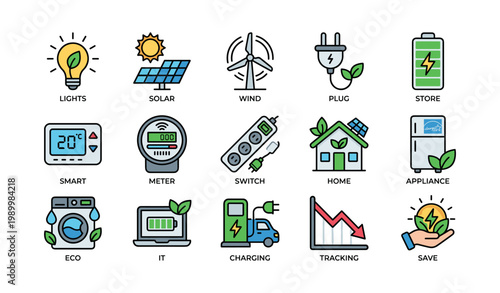 Home energy and efficiency icons arranged on white background