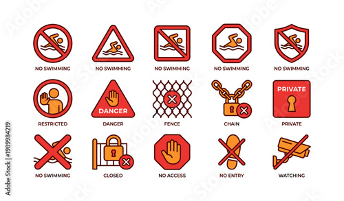 Prohibition and access restriction signs arranged on white background