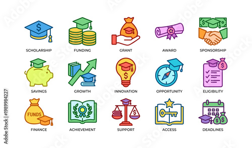 Education funding icons representing grants and scholarships