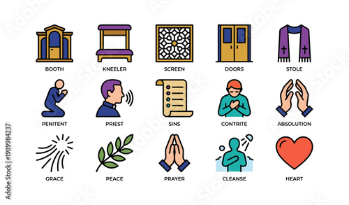 Confession and prayer icons showing priest penitent kneeler on white