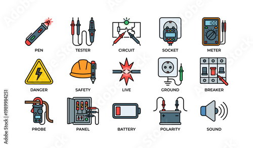 Electrical testing and safety icons labeled on white background