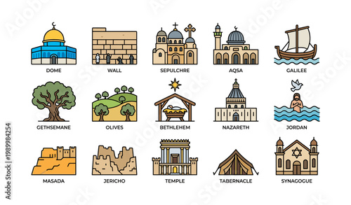 Religious site icons labeled with location names on white background