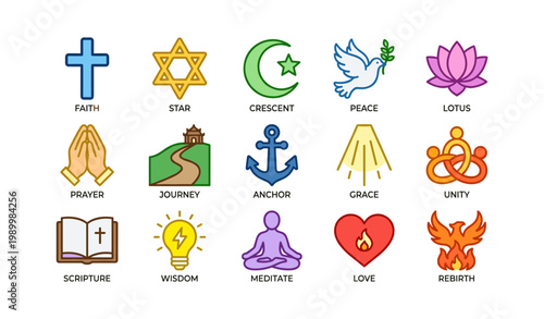 Religious and spiritual icons set arranged on white background