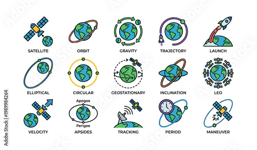 Space and orbital mechanics icons arranged on white background