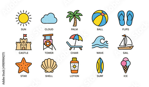 Beach icons showing summer objects and seaside elements on white