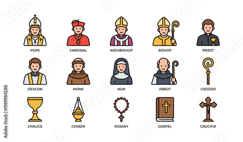 Religious leaders and liturgical items icons on white background