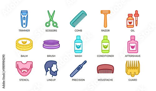 Beard grooming tools and styling icons on white background