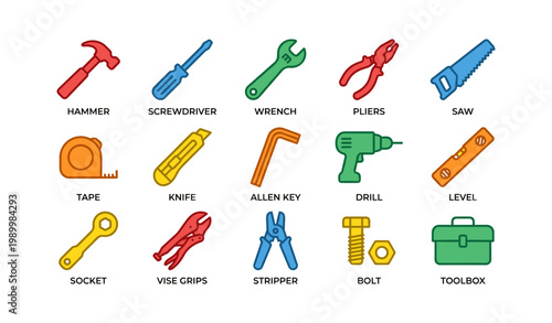 Hand tool icons arranged in grid on white background