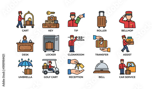 Hotel bellhop and luggage service icons on white background