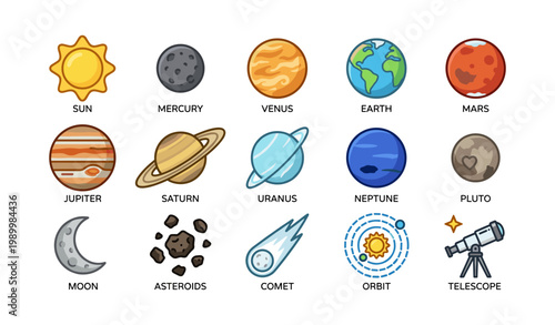 Solar system planets and space objects illustrated on white background