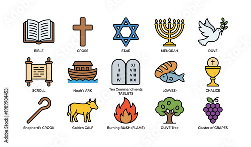 Religious symbols arranged in labeled grid on white background