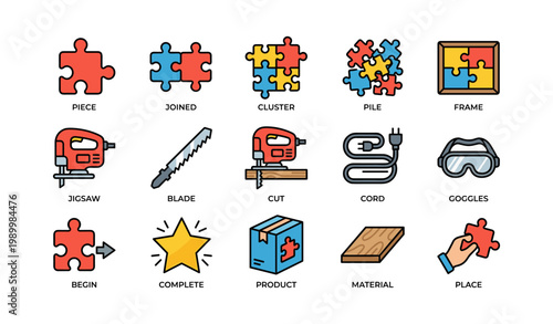 Puzzle and woodworking icons showing jigsaw tools and pieces on white