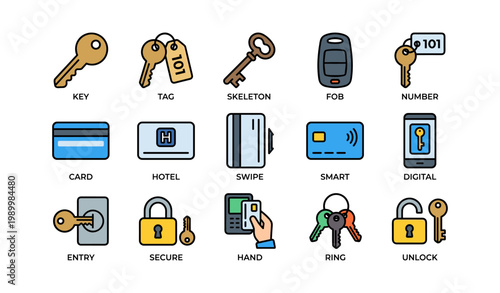 Key and hotel access icons showing cards and locks on white background