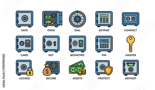 Bank safe and security icons showing locks and valuables