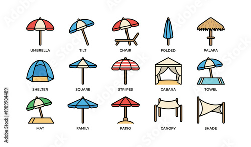 Beach umbrella icons illustrating shelters and shade options