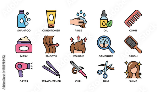 Hair care icons showing grooming tools and products on white
