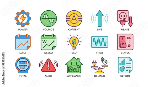 Energy icons showing usage and metrics in grid on white background