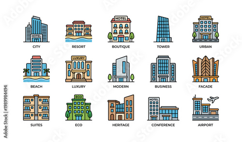 Hotel and accommodation icons representing different hotel types
