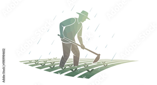 Illustration depicting a farmer working in a field during the Grain Rain solar term (Guyu) in the Chinese spring season, showcasing agriculture with a minimalist style against a clean white