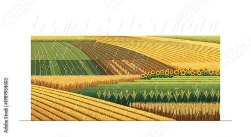 Aerial view of agricultural fields showing the Grain Rain solar term (Guyu), a Chinese season of spring agriculture, with golden and green hues creating a patchwork pattern across