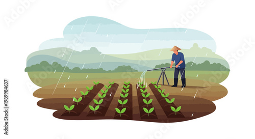 During the Grain Rain solar term, a farmer waters seedlings in a field, part of Chinese spring agriculture, with a flat design style, against a white background and a soft, overcast sky