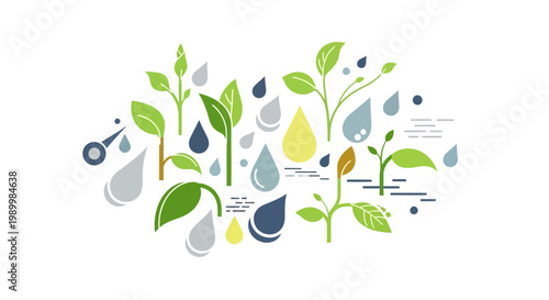 Illustrated vector art depicts the Grain Rain Festival (Guyu) in Chinese season of spring agriculture with young plants and raindrops in pastel colors on a white background, visualizing