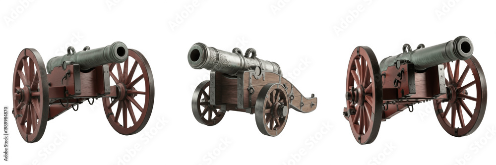 Obraz premium Antique Iron Cannon PNG, Historical Military Weapon Clipart Illustration, Battle Warfare Monument Graphic, Museum Exhibit Design Element, Vintage Artillery Hardware Art