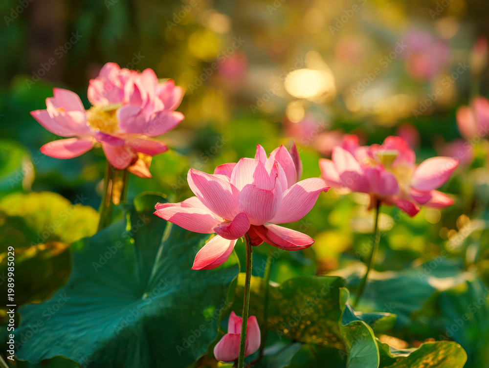 Fototapeta premium Pink lotus flowers blooming in a serene pond with lush green leaves illuminated by warm golden sunlight during a peaceful summer morning scene