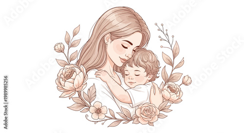Celebrating International Mother's Day, a heartwarming illustration depicts a gentle mother tenderly cradling her sleeping child within a delicate floral wreath against a clean white