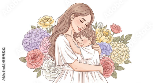 Watercolor illustration for International Mother's Day featuring a loving mother in a white dress tenderly embracing her sleeping child, adorned with a vibrant arrangement of colorful
