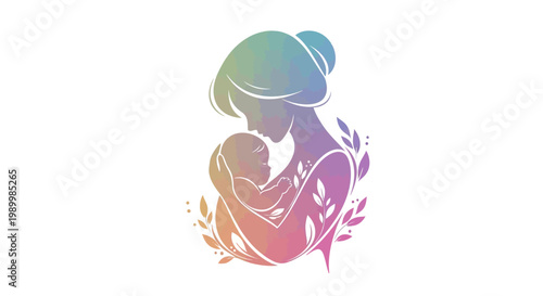 A gradient-colored illustration celebrates international mother's day, depicting a mother tenderly holding her baby in a loving embrace, framed by decorative leaves against a clean white
