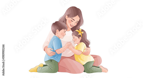 Watercolor illustration shows a loving mother embracing her two young children on International Mother's Day, set against a clean white background with soft, pastel colors evoking a tender