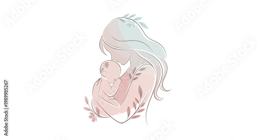 A delicate illustration celebrates International Mother's Day, depicting a mother tenderly cradling her baby in a side profile silhouette, adorned with botanical elements against a clean