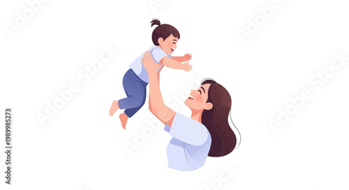 Celebrating international mother's day, a happy mother lifts her toddler in the air, set against a clean white background with soft lighting, conveying a warm, loving mood in this simple