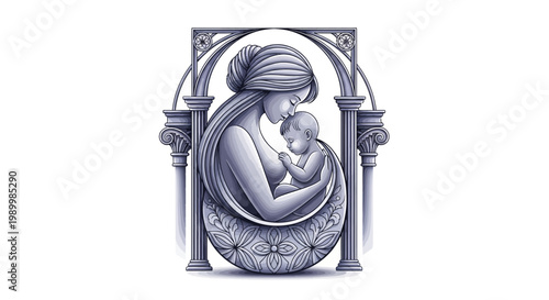 Stylized illustration celebrating International Mother's Day features a mother tenderly embracing her baby, depicted in grayscale with intricate patterns and framed by decorative pillars