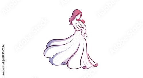 A stylized vector graphic for international mother's day depicts a mother tenderly cradling her baby in a flowing white gown, set against a clean white background with delicate pink