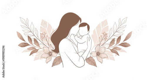 A minimalist line art illustration celebrates international mother's day, depicting a mother tenderly cradling her baby against a backdrop of delicate floral and leaf arrangements in soft