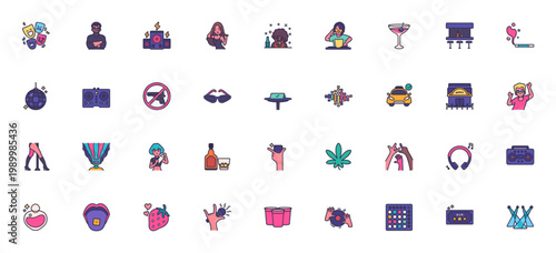 Nightclub icon set. Vector illustration featuring disco ball, dancing, DJ, cocktail, security, VIP, sound system, bar, party and more.