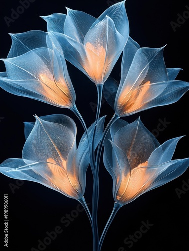Translucent blue flowers with orange centers against a black background. AI.