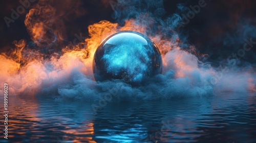 A glowing sphere surrounded by smoke and water, with orange and blue hues. Reflection on water surface. AI.