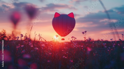 A cat-eared hot air balloon floats over a field of flowers at sunset, with two more balloons visible. AI.