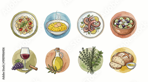Vibrant Watercolor Illustrations of Mediterranean Cuisine and Ingredients Set